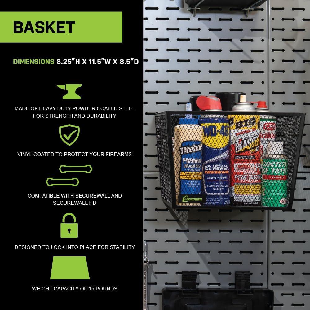 imageLockdown Securewall Basket with 15 Pound Capacity Solid Steel Construction and Custom Storage for Firearms Vaults and Gun Rooms